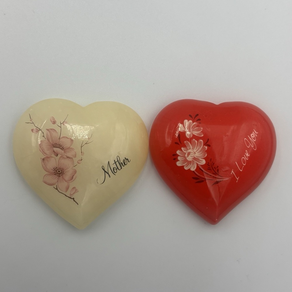 Vintage‎ Alabaster Floral Hearts Made In Italy - Lot Of 2 Paperweights Hearts